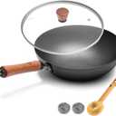 WANGYUANJI Carbon Steel Wok Pan 11 Inch - Round Bottom Traditional Pow Wok (Requires Gas Stove & Wok Ring) - No Coating Hand Hammered Stir Fry Pan with Lid & Detachable Handle