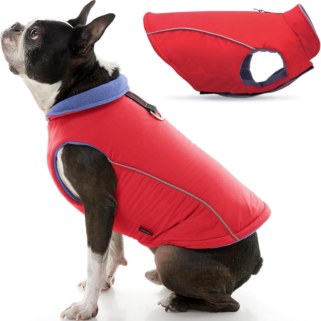 Gooby Sports Vest Dog Jacket - Red, Medium - Reflective Dog Vest with D Ring Leash Warm Fleece Lined Hook and Loop Closure for Small to Medium Dogs, Medium chest (~16.5")