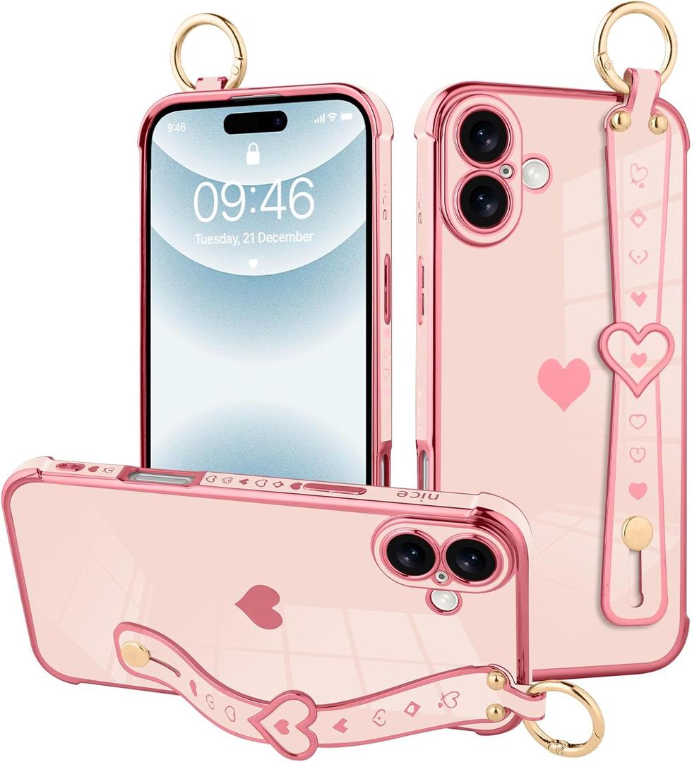 MOWIME for iPhone 16 Case with Strap, Cute Love Heart Pattern for Women Girls Soft Plating Bumper Anti-Scratch Protective Cover with Wrist Band Kickstand Holder, Pink
