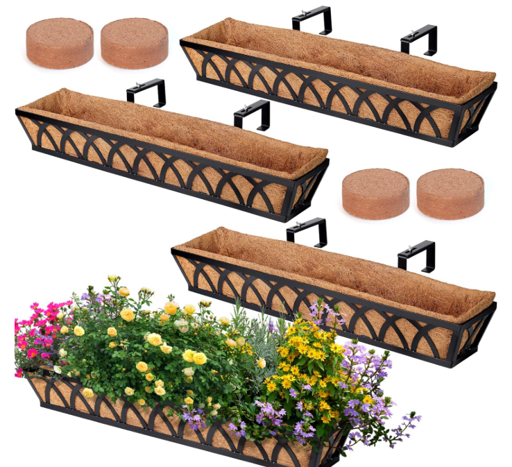 Window Box Railing, 24 Inch Black Metal Hanging Flower Planter Basket with Coco Liner for Outdoor Balcony Porch Fence Patio for Home, Office and Hotel (Black - 4 Pcs/Set)
