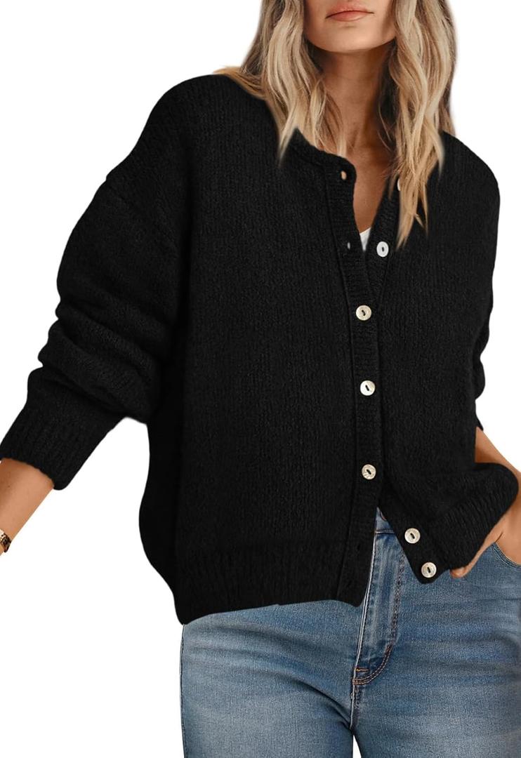 PRETTYGARDEN Long Sleeve Crewneck Button Down Women's Sweaters Spring Open Front Chunky Cardigan Sweaters for Women 2026 (Large, Black)