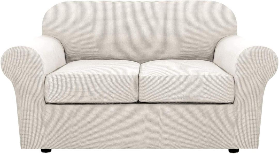 H.VERSAILTEX 3 Piece Stretch Sofa Covers for 2 Cushion Loveseat Couch Covers for Living Room Sofa Slipcovers (Base Cover Plus 2 Seat Cushion Covers) Thicker Jacquard Fabric (Medium Sofa, Ivory)