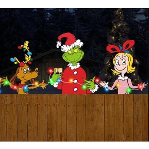 3PCS Grinchs Fence Peeker with LED Lights,Light Up Grinchs Christmas Decorations Outdoor,Whoville Yard Decorations Grinchs Decor for Tree Topper Fence Yard Garden Lawn, Green