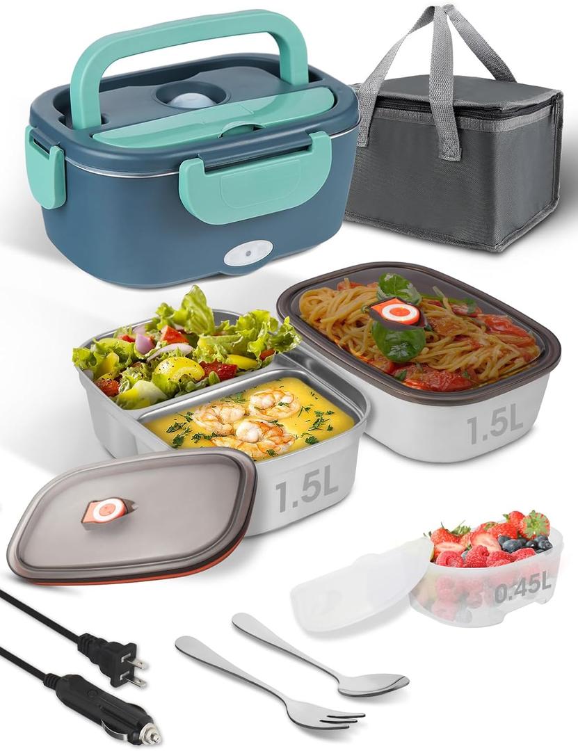 Electric-Lunch-Box-Heated-Food Warmer, 80W Heating Lunchbox for Adults, 2 Pack 1.5L Stainless Steel Containers, 12/24/110V Portable Warmer for Work/Car Lonchera Elctrica Porttil (Green)