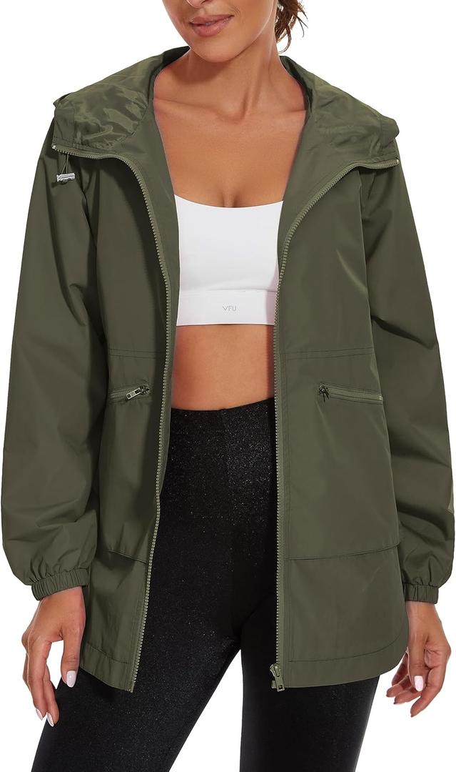 PESION Womens Waterproof Raincoat Lightweight Rain Jacket Trench Coat Hooded Windbreaker With Pockets for Outdoor (Green, S)