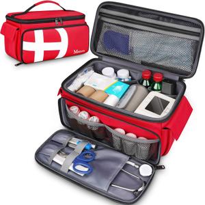 Mancro First Aid Bags Empty, Medical Travel Bag with Multi Pockets, Pill Bottle Organizer for Travel, Home Storage, Trauma Bag for EMT, Nurses, Doctor, Emergency Bag for Medicine, Medical Supplies (Red)