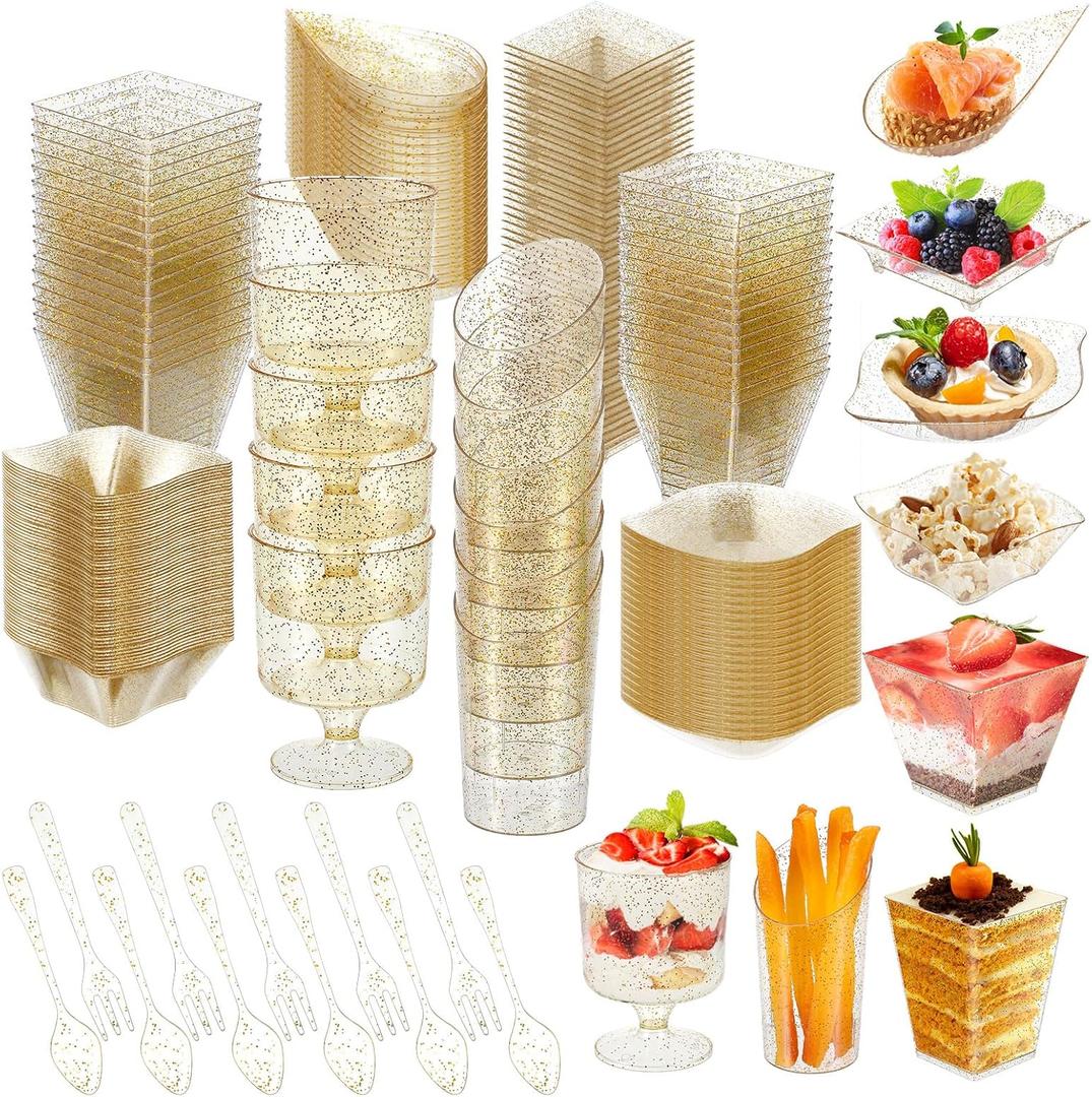 160 Pcs Mini Appetizer Plates Dessert Cups Spoons Forks Set Dessert Containers Assorted Shape Plastic Parfait Cups Disposable Spoon Forks for Party Serving (Gold)