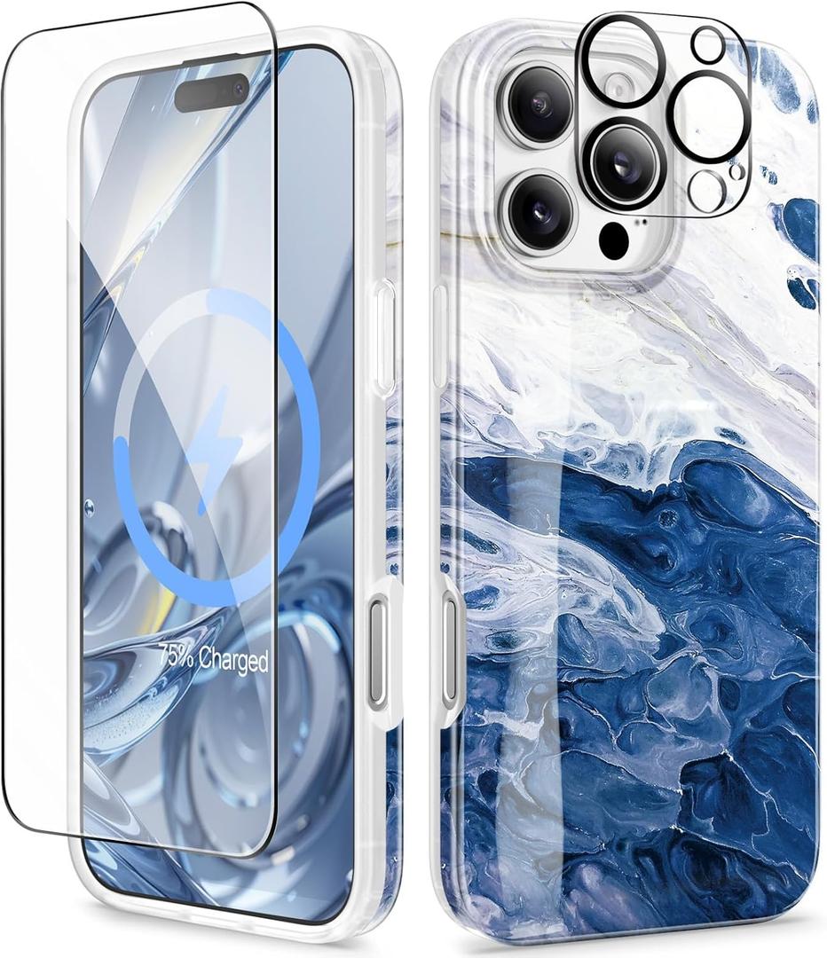 GVIEWIN for iPhone 16 Pro Case Compatible with MagSafe, with Screen & Lens Protectors, Military-Grade Protection Slim Marble Shockproof Magnetic Phone Case for 16 Pro 6.3", Azurite Drift/Blue