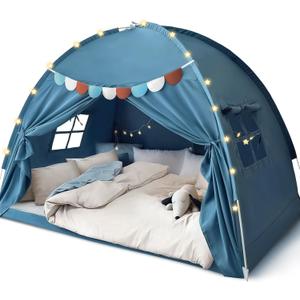 Razee Full Size Bed Canopy for Kids, Toddler Bed Tent Dream Playhouse Privacy Floor Sleeping Tents Indoor Under Bunk Bed Tent with Pennant Banners, Kid House Toys for Boys Girl Birthday Gift