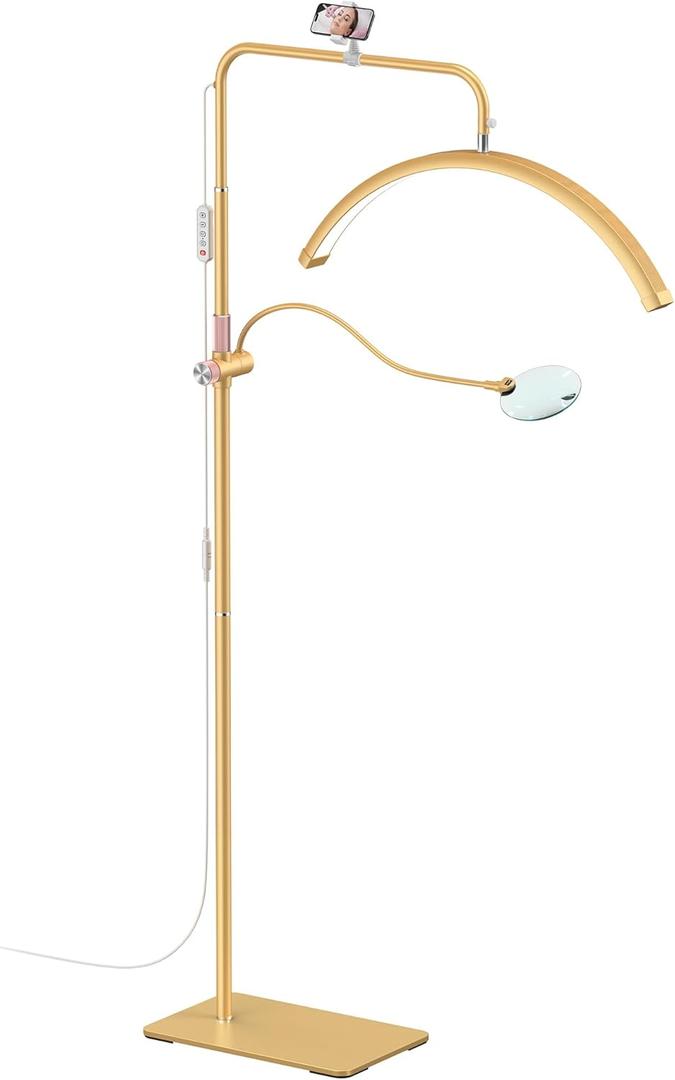 Half Moon Lash Light - Adjustable LED Floor Lash Lamp with 4X Magnifier & Phone Holder for Eyelash Extensions,Nail Art,Tattoo,Skincare,Salon SPA-Dimmable Brightness,Rotating Head, Gold