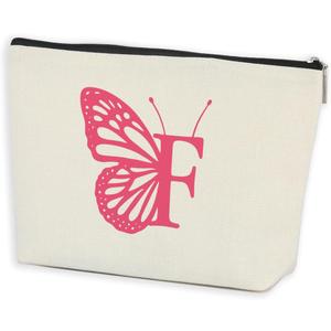 Initial Makeup Bags for Women Lined Monogram Cosmetic Bag Birthday Gifts for Women Girls Bridesmaid Best Friends Sisters, Travel Toiletry Bag, Pink Butterfly Letter F