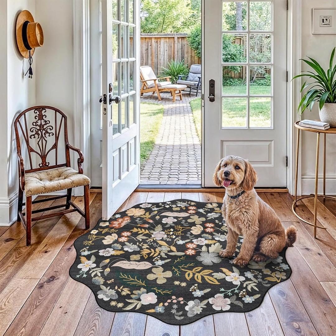 Washable 4ft Round Rug: Non-Slip Boho Floral Scalloped Circle Rug for Bathroom, Kitchen, Living Room, Bedroom Soft Thin Modern Small Circular Carpet (Black, 4ft)