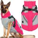 IECOii Dog Winter Coat with Harness Built in, Waterproof Windproof Dog Coats for Large Dogs, Thermal Fleece Lined Cold Weather Jackets with Zip, Outdoor Warm Snow Jacket Reflective, Rosered, XLarge