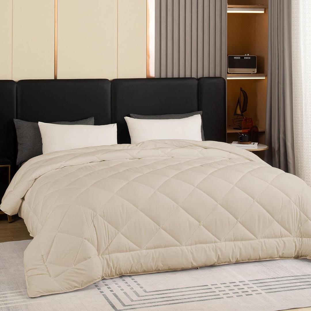 GOHOME 120x98 Oversized King Comforter All Season Extra Large King Size Microfiber Comforter Quilted Down Alternative Duvet Insert with 8 Corner Tabs (Oversized King-120"x98", Beige)