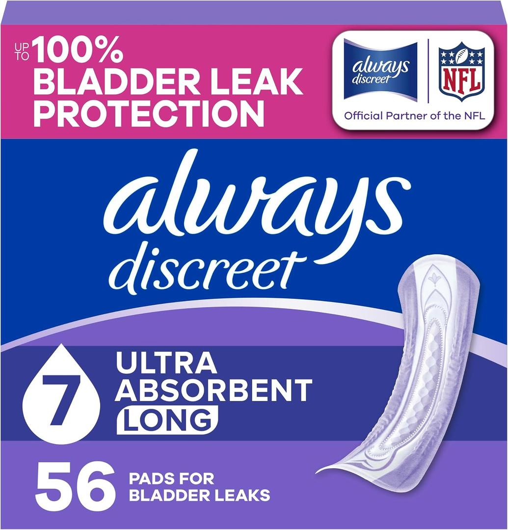 Always Discreet Incontinence Pads for Women, 7-Drop, 56 Count