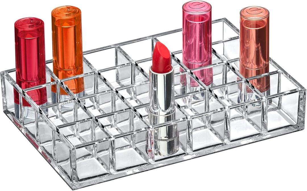 Amazing Abby - Allure - 24-Slot Acrylic Lipstick Organizer, Lipstick Holder, Lip Gloss Holder, Cosmetic Storage Display, Perfect Storage Solution for Drawer and Vanity (Slot Size: 1.0" x 1.0") (Clear)
