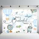 MEHOFOND Travel Theme Boy 1st Birthday Backdrop What a Onederful World Blue Adventure Begins Airplane Photography Background Boy Birthday Party Photo Studio Booth 7x5ft