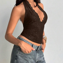 Women's Y2k Tops Floral Lace Halter Tie Back Going Out Top Sexy Deep V Neck Backless Rave Cami, Size S, Brown