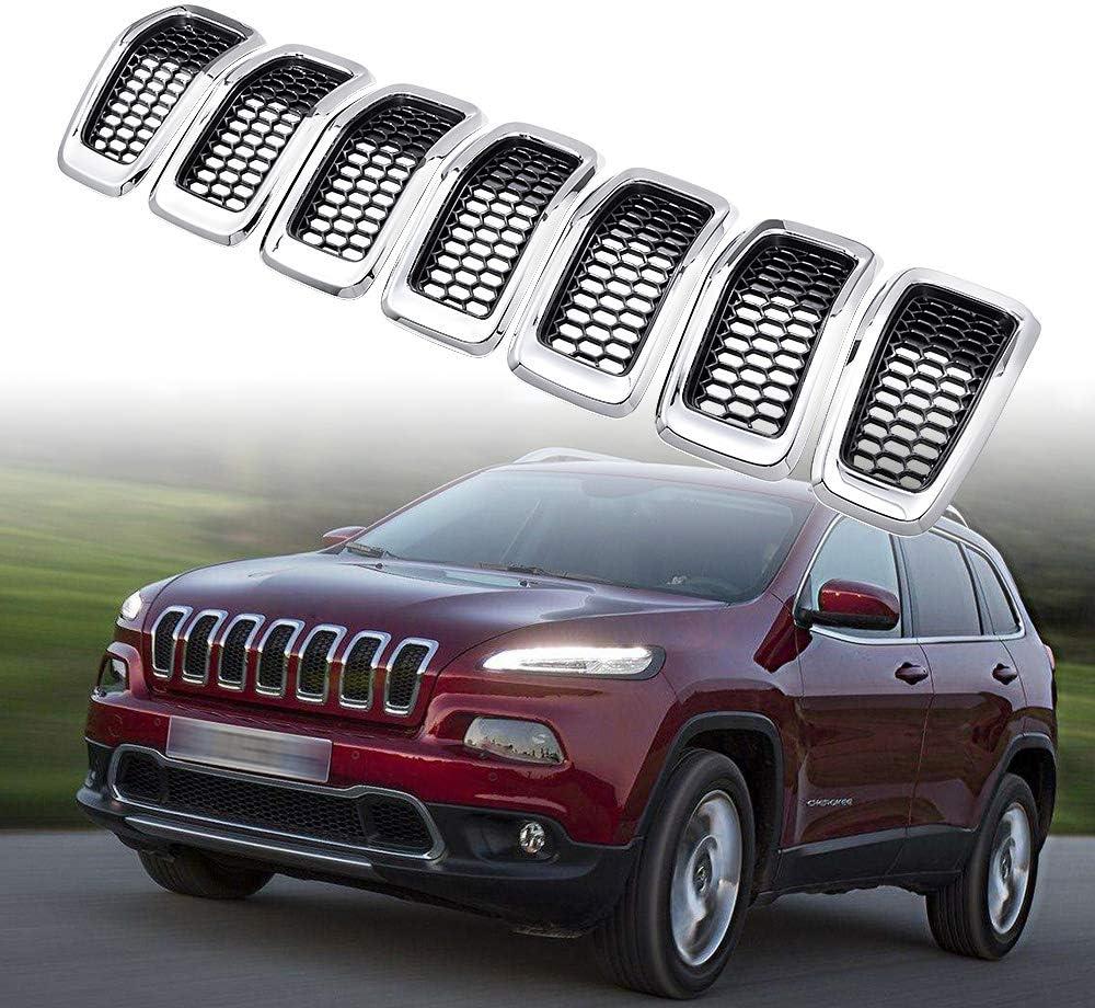 AMOPACORP 5pcs Black Mesh Grille Chrome Moulding Trim Grille Grill Cover Trim Insert Kit Compatible with 2014 2015 2016 2017 2018 Jeep Cherokee 4-Door