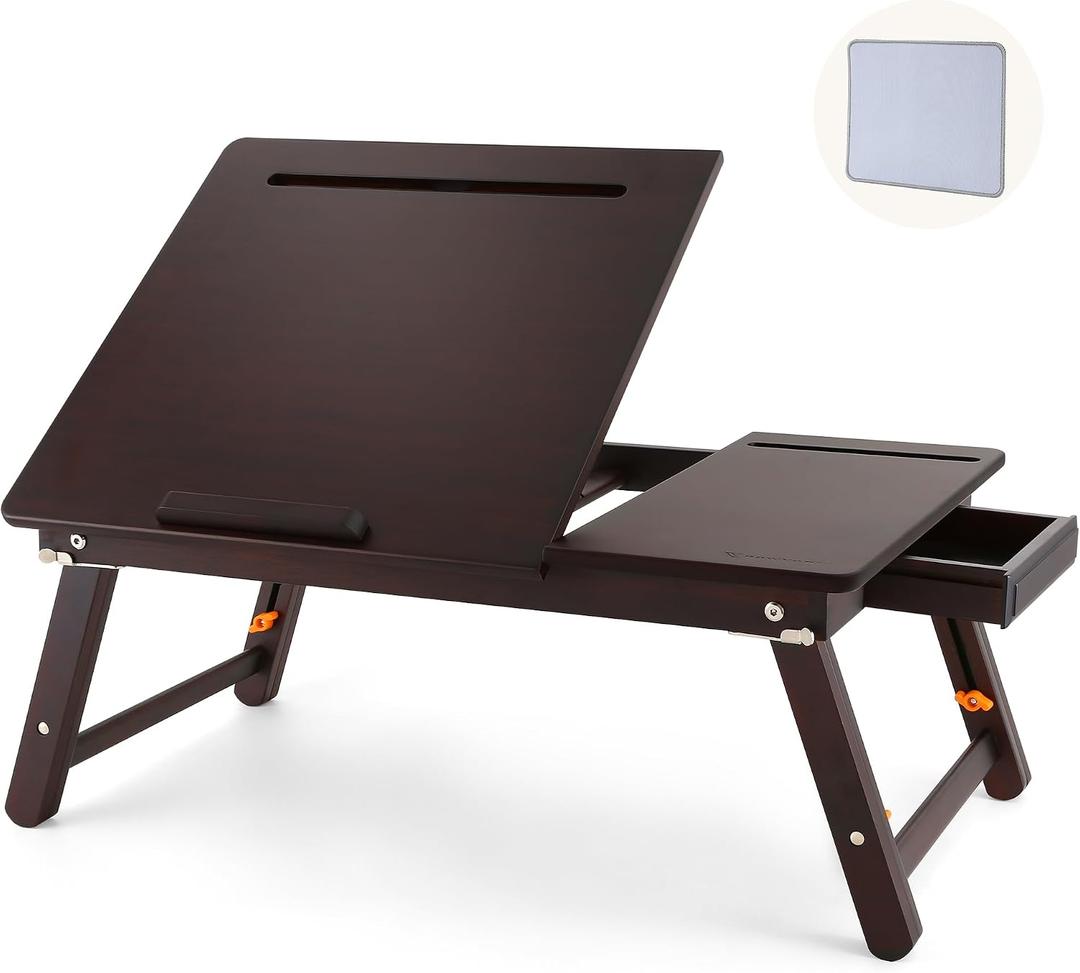 Nnewvante Laptop Desk, Height & Angle Adjustable Lap Desk Bed Tray Table, Foldable Laptop Table with Drawer, Mouse Pad, Tablet & Phone Slots for Working Reading Writing Eating, Black Walnut
