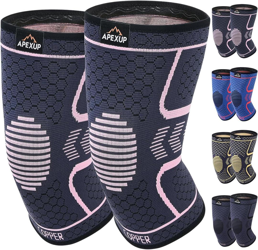APEXUP Compression Knee Brace for Women, Copper Compression Sleeve for Knee Support, Arthritis Pain Relief, Meniscus Tear, ACL, Running (Large, Dark Grey+Pink)
