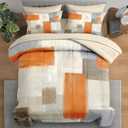 Comforter Set Queen Size, Beige Grey Abstract Painting 7 Pcs Bedding for Kids and Adults, Orange Gray Contemporary Bed Sheet Sets with Fitted Sheet 2 Pillowcase & 2 Sham for Bedroom Bed Decor