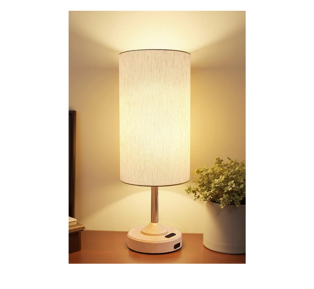 EZVALO Cordless Table Lamp, Ambient Light, Dimmable, Touch, Timer, 2700K, Bedroom, Portable, LED, Wireless, Rechargeable, Battery Operated, Desk Lamp, Fabric Shade, Wood-Grain Finish, Living Room