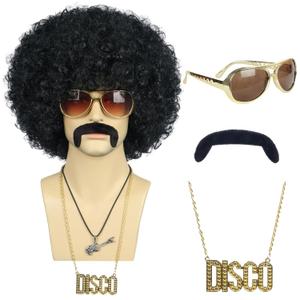VGbeaty Men Short Wave Black Wig with Glasses and Mustache and Gold Necklace Afro 70s 80s Disco Wig Heat Resistant Synthetic Fiber Soft Durable Breathable Cap for Halloween Costume Party