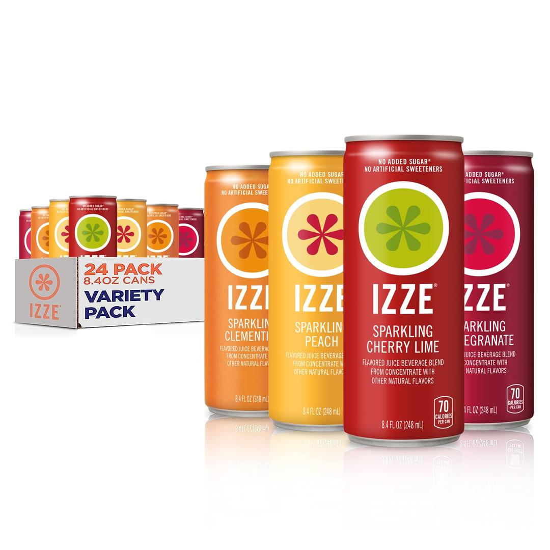 IZZE Sparkling Juice Beverage Blend, Sunset Variety Pack, Clementine, Peach, Cherry Lime, Pomegranate, No Sugar Added, 8.4 Fl Oz (Pack of 24) BBD 06/23/26