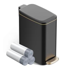 Small Bathroom Garbage Can with Lid Soft Close, Step Pedal, 6L / 1.6 Gal Stainless Steel Garbage Bin with Removable Inner Container, Slim Wastebasket for Narrow Spaces (Black)
