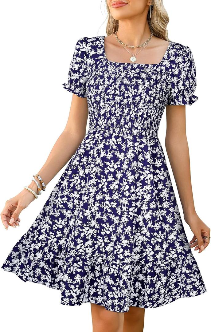 Lyrur Women's Short Sleeve Summer Dresses 2025 Spring Casual Square Neck Easter Dress A-Line Tiered Sundress with Pockets XL 