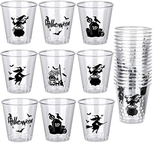 Newtay Only 39 Pcs Halloween Plastic Shot Cups Whiskey Party Favor Glasses 1.69 Oz/ 50 ml Reusable Clear Black Pumpkin Witch Drinking for Decoration, 5 Designs, 1.0 Count