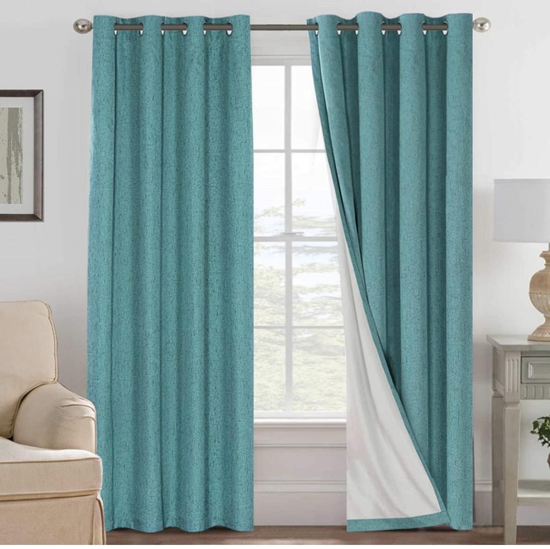H.VERSAILTEX Linen Blackout Curtains 84 Inches Long 100% Absolutely Blackout Thermal Insulated Textured Linen Look Curtain Draperies Anti-Rust Grommet, Energy Saving with White Liner, 2 Panels, Teal