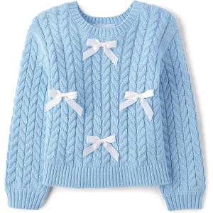 The Children's Place Baby Girls' and Toddler Long Sleeve Crew Neck Pullover Sweater (4T, Party Blue Bows)