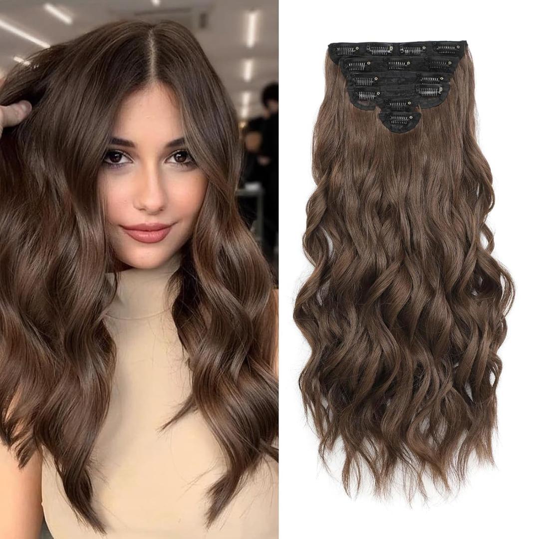 Clip in Hair Extensions for Women Chestnut Brown Long Wavy Hair Extensions Clip Ins 6PCS 20 Inch Synthetic Soft and Natural Thick Hair Pieces for Women