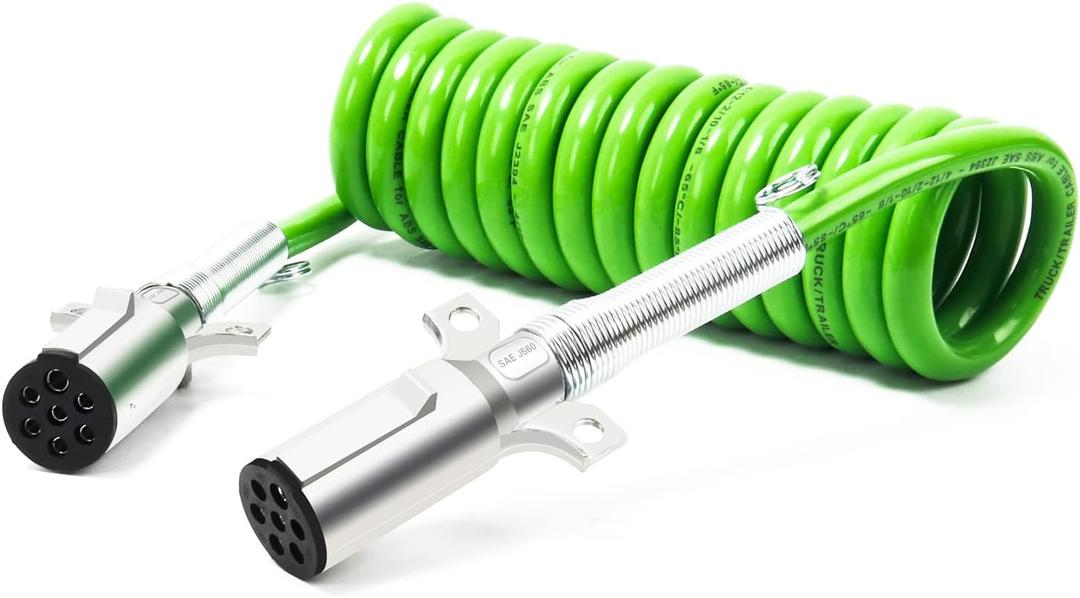 12ft 7 Way ABS Cord Coiled Electrical Power Cords Heavy Duty Green Coil Cable Power Wire for Semi Trucks Trailer Tractors