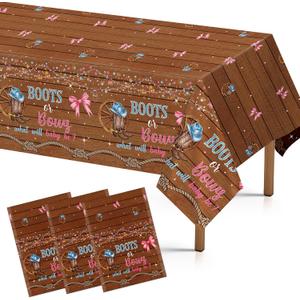 3Pcs Boots or Bows Gender Reveal Tablecloth What Will Baby Be He or She Table Cover Plastic Rectangle Blue or Pink Table Cloth for Western Cowgirl Cowboys Gender Reveal Party Supplies 54" x 108"
