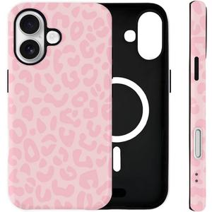 Leopard Cheetah Case for iPhone 16 Cute Magnetic Case [Compatible with MagSafe] Soft TPU and Hard PC Hybrid 2-Layer Protective Shockproof,Retro Aesthetic Case for Women Girls-Pink