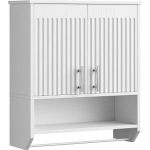 HOOBRO Fluted Bathroom Wall Cabinet, Farmhouse Medicine Cabinet with 2 Fluted Doors, Wall Storage Shelf with Towel Rack, Adjustable Shelf, for Small Spaces, Bathroom, Kitchen, White, 15.7"L x 7.9"W x 22.4"H