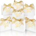 100 Pack Small Thank You Gift Bags, 4.5x1.8x3.9in Party Favor Bags Boxes with Bow Ribbon, Small Paper Gift Bags with Gold Foil Printed, Mini Candy Treat Bags for Birthday Wedding Party Holiday (White)