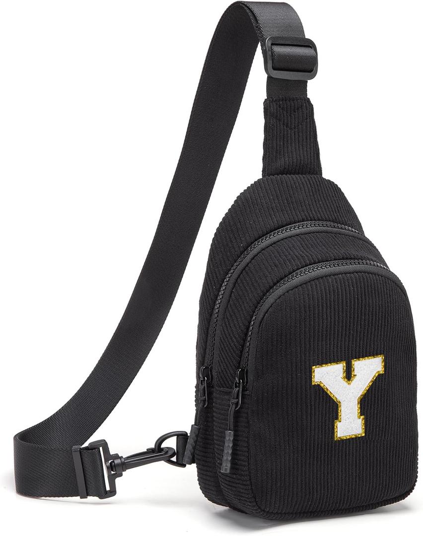 Small Corduroy Sling Bag Initial Crossbody Bag Fanny Pack for Girls Personalized Birthday Gifts for Teen Girls Gifts (Black)