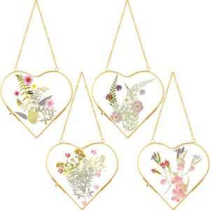 Cinnvoice 4 Pcs Heart Glass Pressed Flower Frame, Heart Hanging Floating Frames Double Pressed Dried Flower Plants Vintage Glass Gallery Wall Decor for Mother's Day Gift, 6.5 x 6.5 Inch