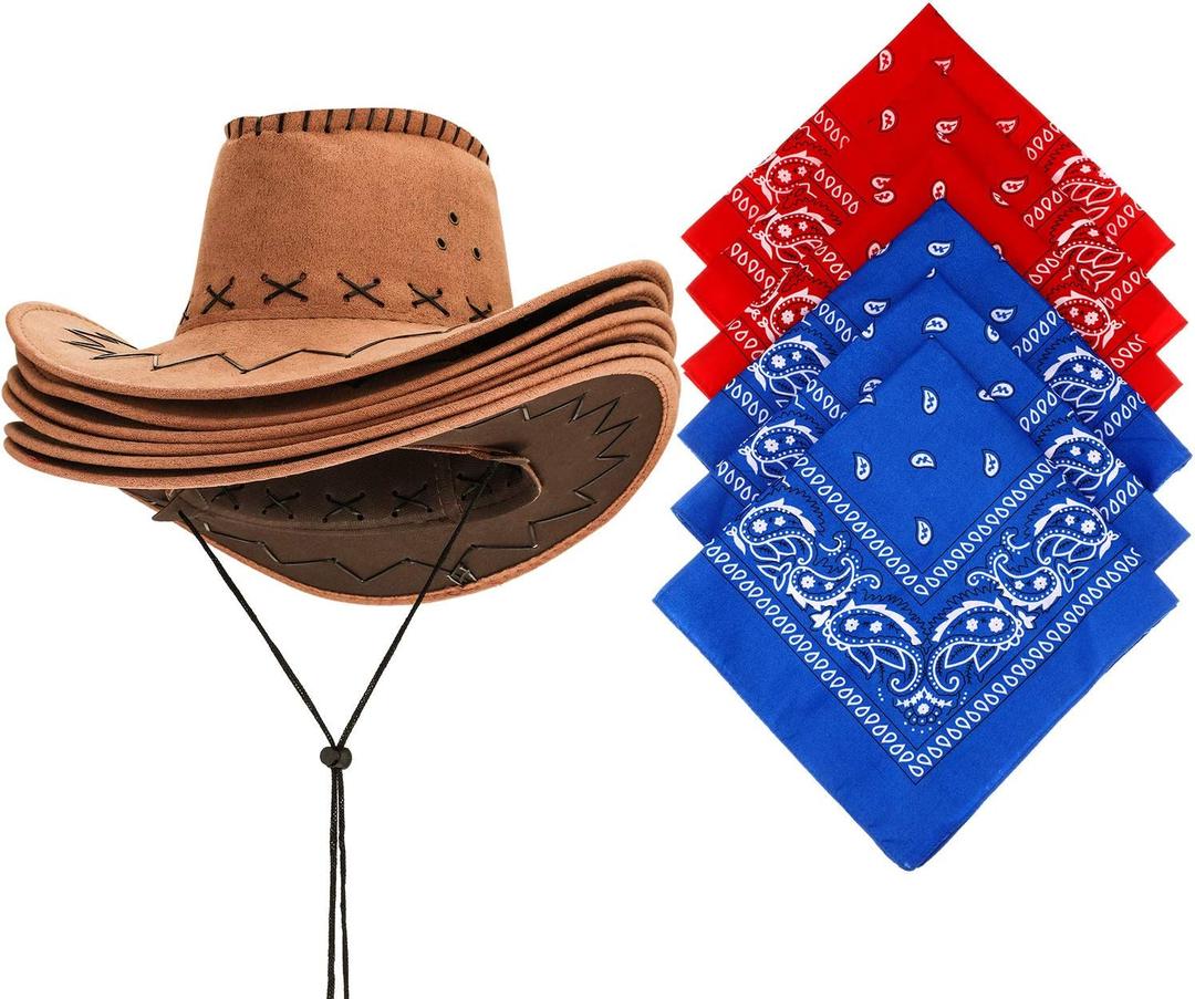 SATINIOR 6 Set Western Cowboy Hat with Bandanna Cowboy Party Bandannas Pack Western Faux Felt Farmer Hat for Halloween Christmas Carnival Costume Accessories Cosplay Fancy Dress Party Favorite