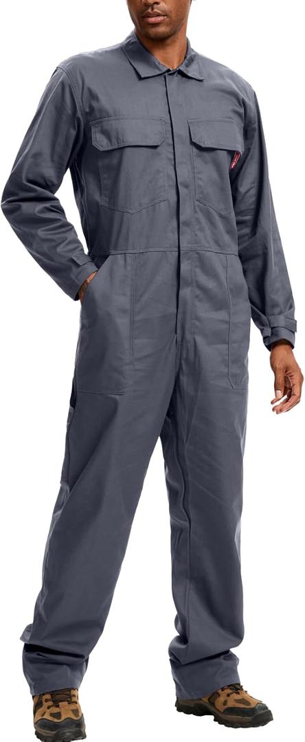 WORK IDEA Men's Coveralls Long Sleeve 100% Cotton Twill Workwear Jumpsuit Relaxed Fit (XX-Large, Grey)