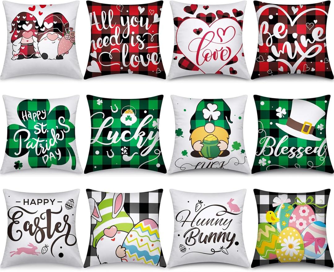 Preboun Set of 12 Holiday Pillow Covers 18 x 18 Inch Valentine's Day St. Patrick's Day Easter Love Heart Clovers Bunny Eggs Cushion Case Home Buffalo Plaid Pillow Case for Happy Home Decor(Cute)