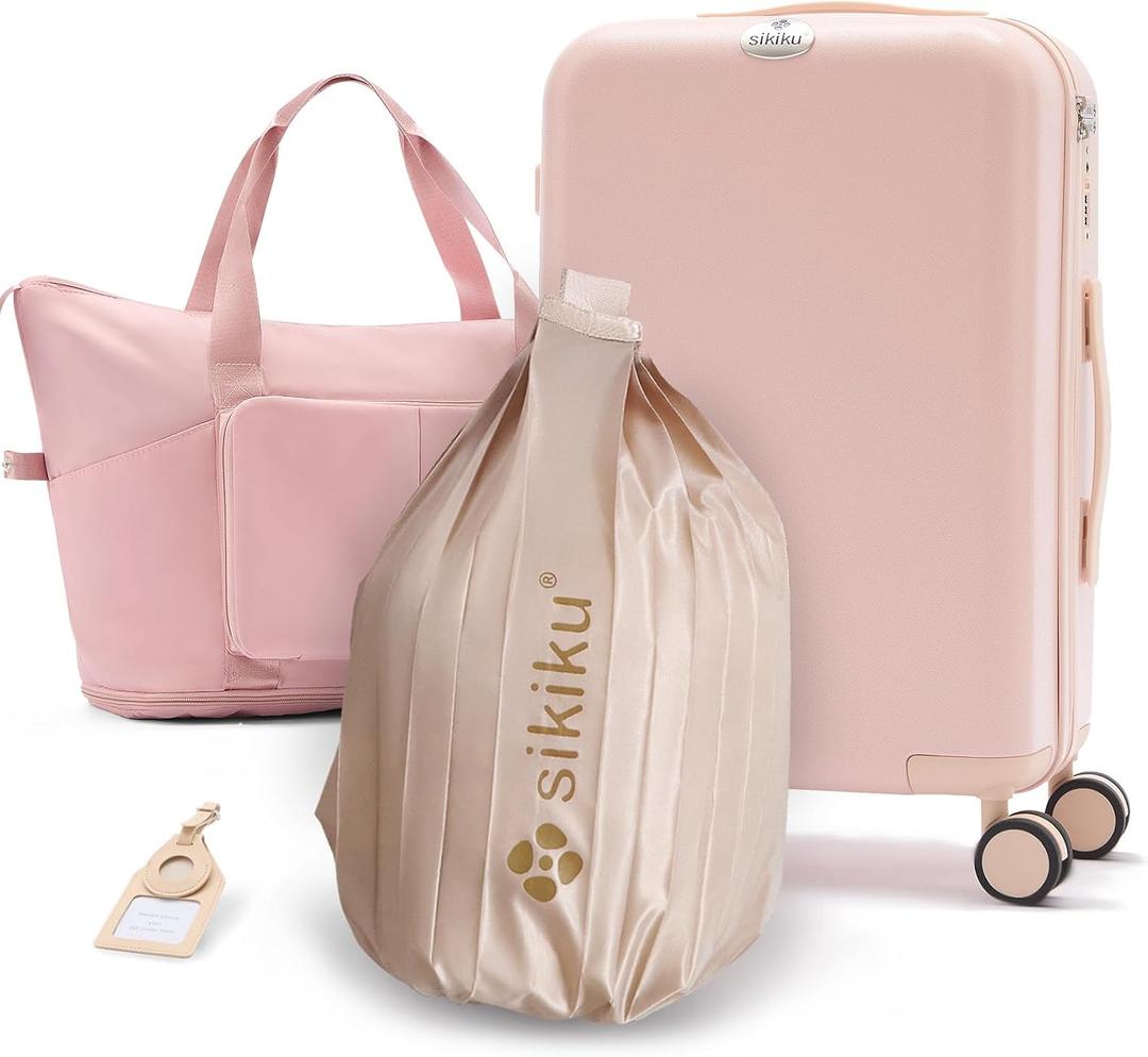 4-Piece Lightweight Luggage Sets for Women, Hardshell Spinner Suitcase with TSA Lock, Expandable Duffel Bag, Luggage Strap, and Leather TagPink, 20inch)