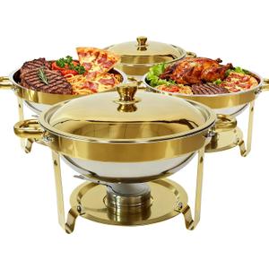 6QT Gold Chafing Dishes for Buffet, 304 Stainless Steel Food Pan with Lid, Round Chafing Dish Buffet Set of 4 Pack Food Warmer, Food Warmers for Parties Buffet Catering Events Dinners
