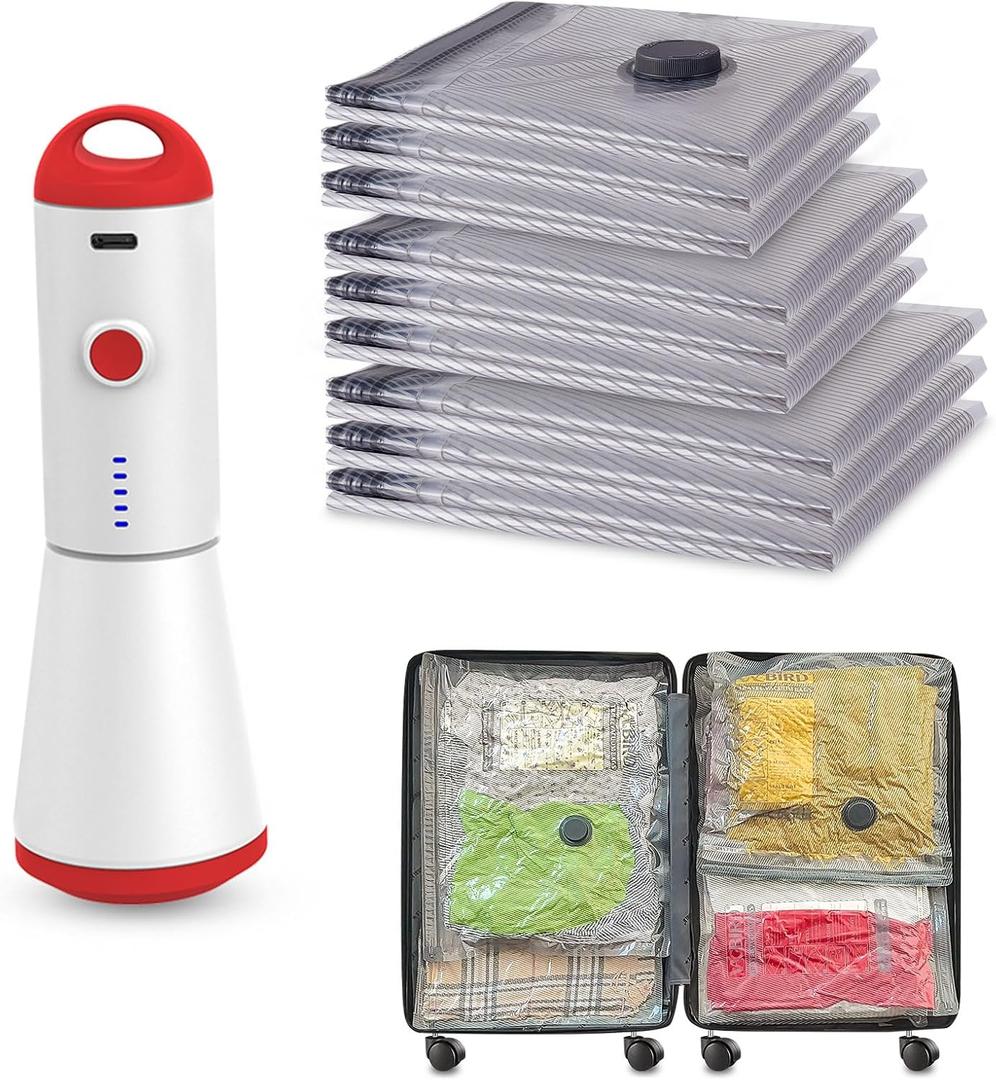 Travel Vacuum Storage Bags with Rechargeable USB Pump, 9 Pack Carry-On Size Compression Packing Bags for Luggage and Suitcase, Space Saver for Clothes and Clothing Travel