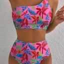Herseas Women's High Waisted Bikini Sets One Shoulder Floral Print Swimsuits 2 piece Tummy Control Bathing Suits (Pink, L)