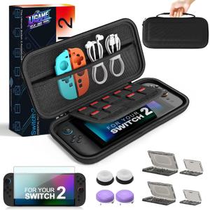 Carring Case Accessories for Nintendo Switch 2 2025, 12 in 1 Bundle with Screen Protector, Clear Shell, Protective Cover for Joycon 2, 20 Slots Game Cards Case, 4X Thumb Grip Caps, Black